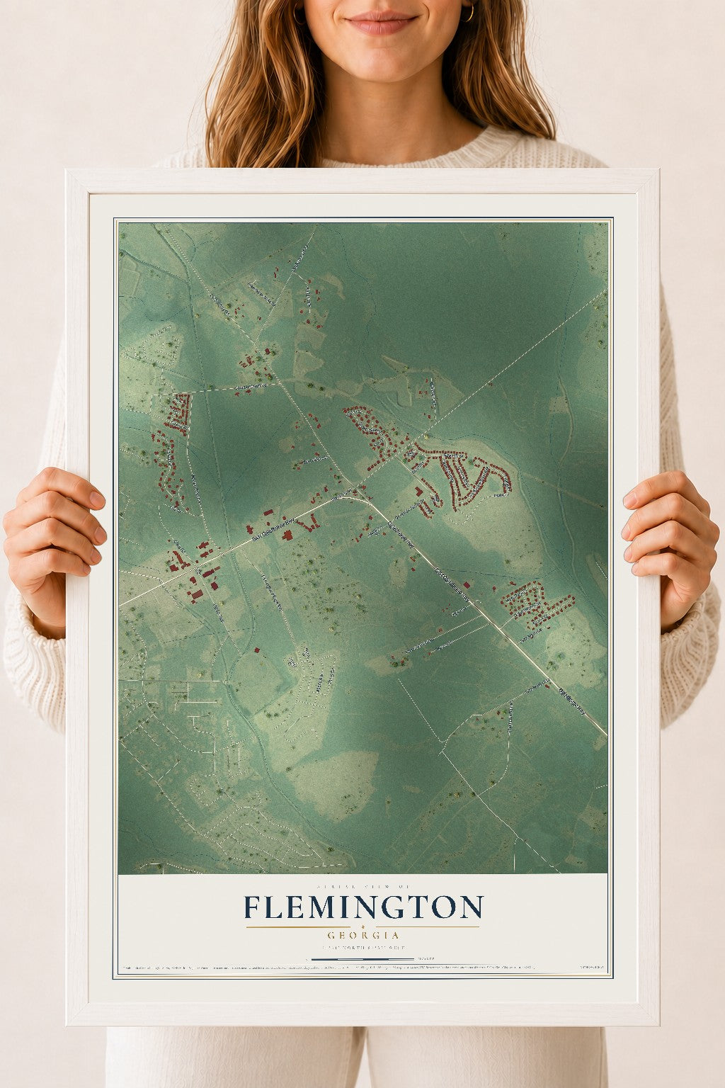 Flemington, Georgia map print, 18" x 24" W/ White Ayous Wood Frame mockup