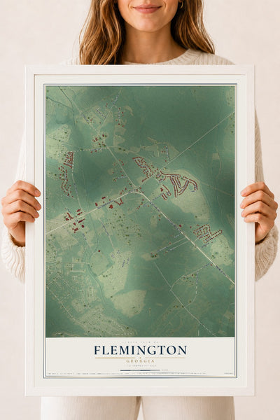 Flemington, Georgia map print, 18" x 24" W/ White Ayous Wood Frame mockup