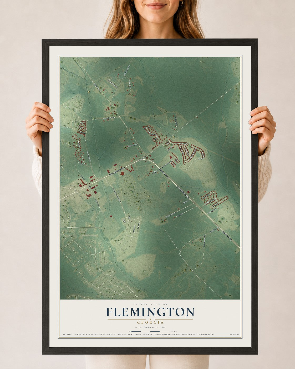 Flemington, Georgia map print, 24" x 36" W/ Black Ayous Wood Frame mockup