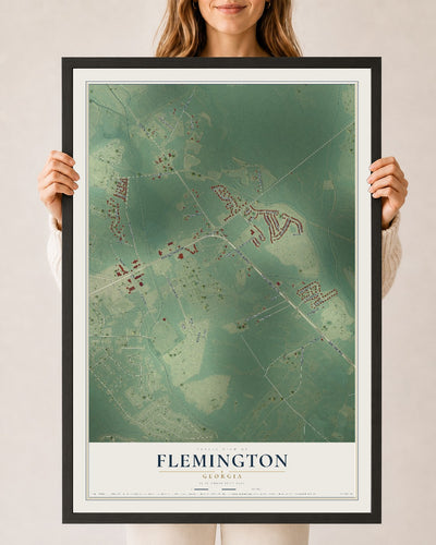 Flemington, Georgia map print, 24" x 36" W/ Black Ayous Wood Frame mockup