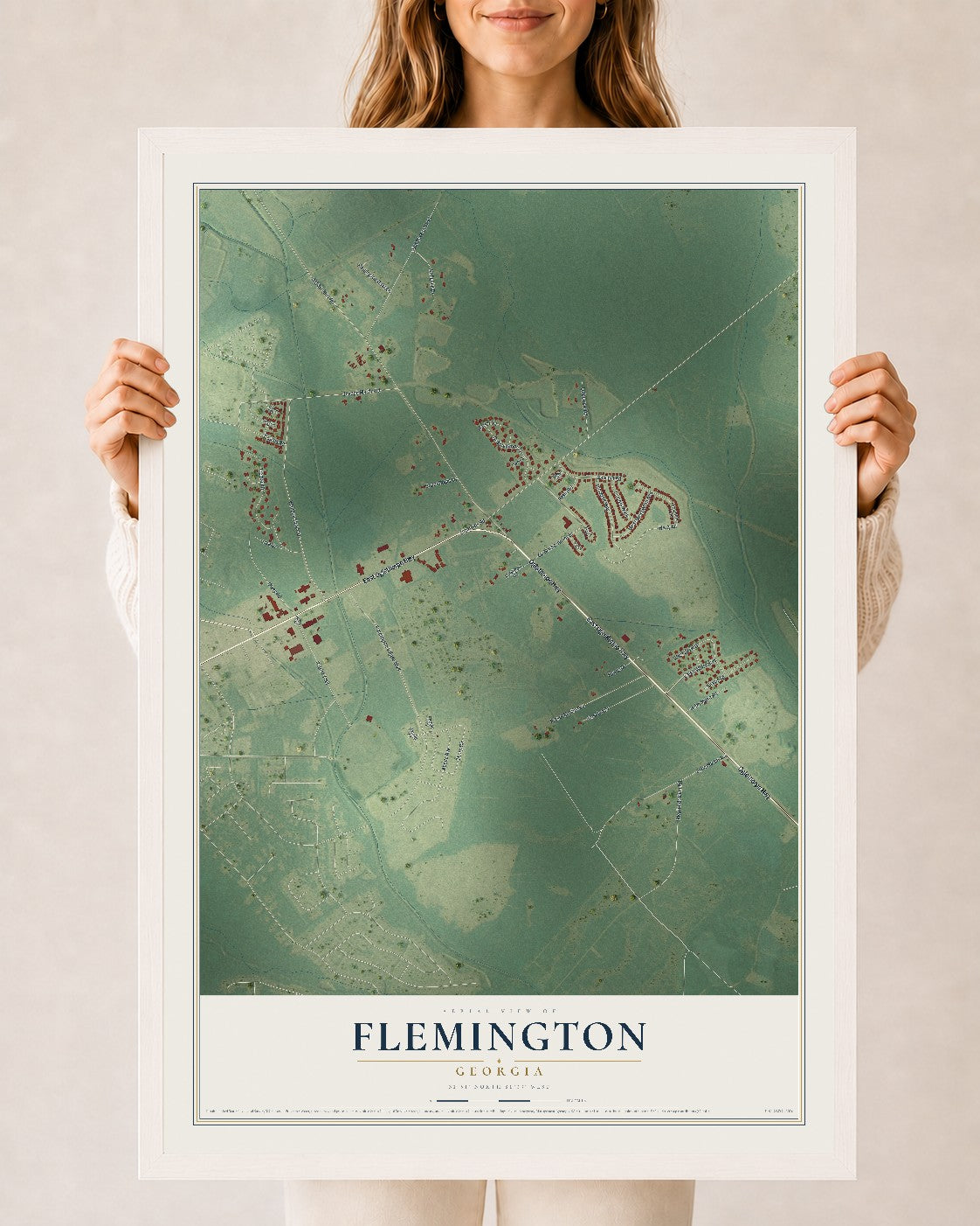Flemington, Georgia map print, 24" x 36" W/ White Ayous Wood Frame mockup