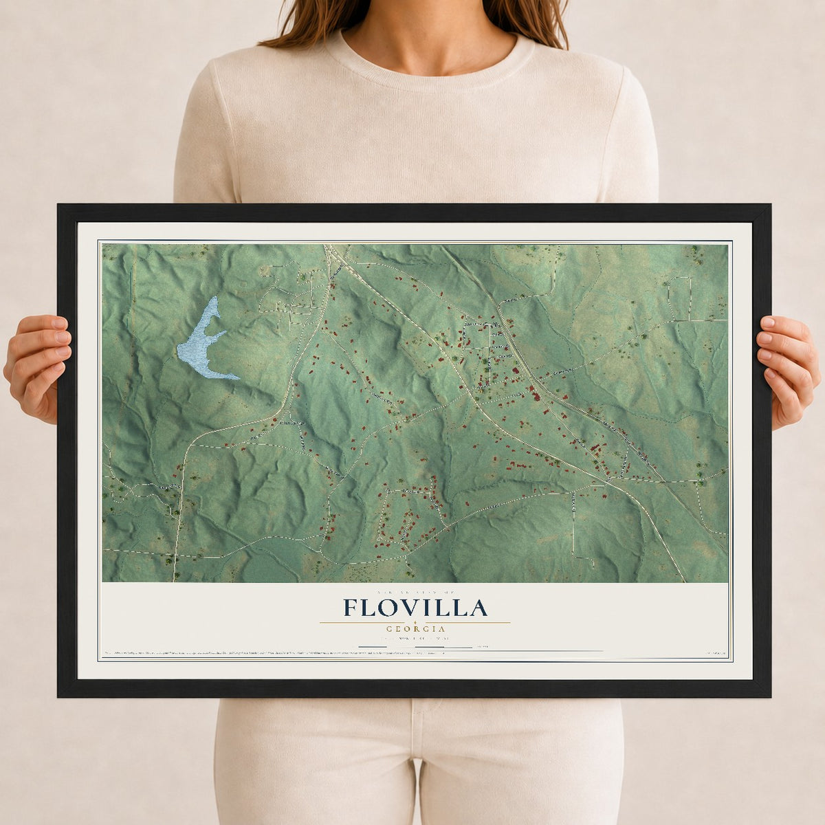 Flovilla, Georgia map print, 12" x 18" W/ Black Ayous Wood Frame mockup