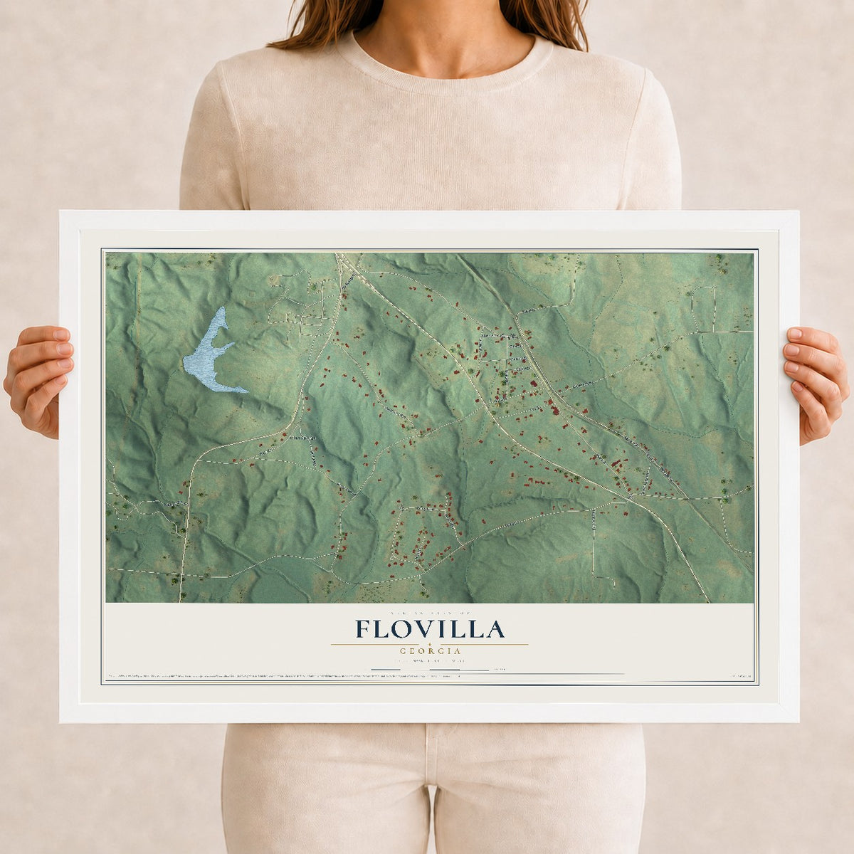 Flovilla, Georgia map print, 12" x 18" W/ White Ayous Wood Frame mockup