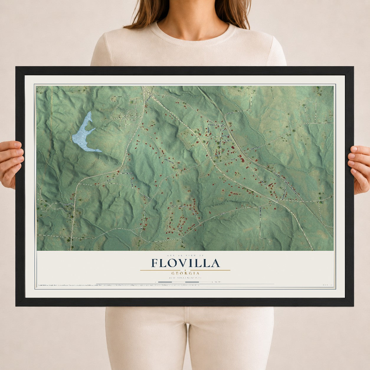 Flovilla, Georgia map print, 18" x 24" W/ Black Ayous Wood Frame mockup