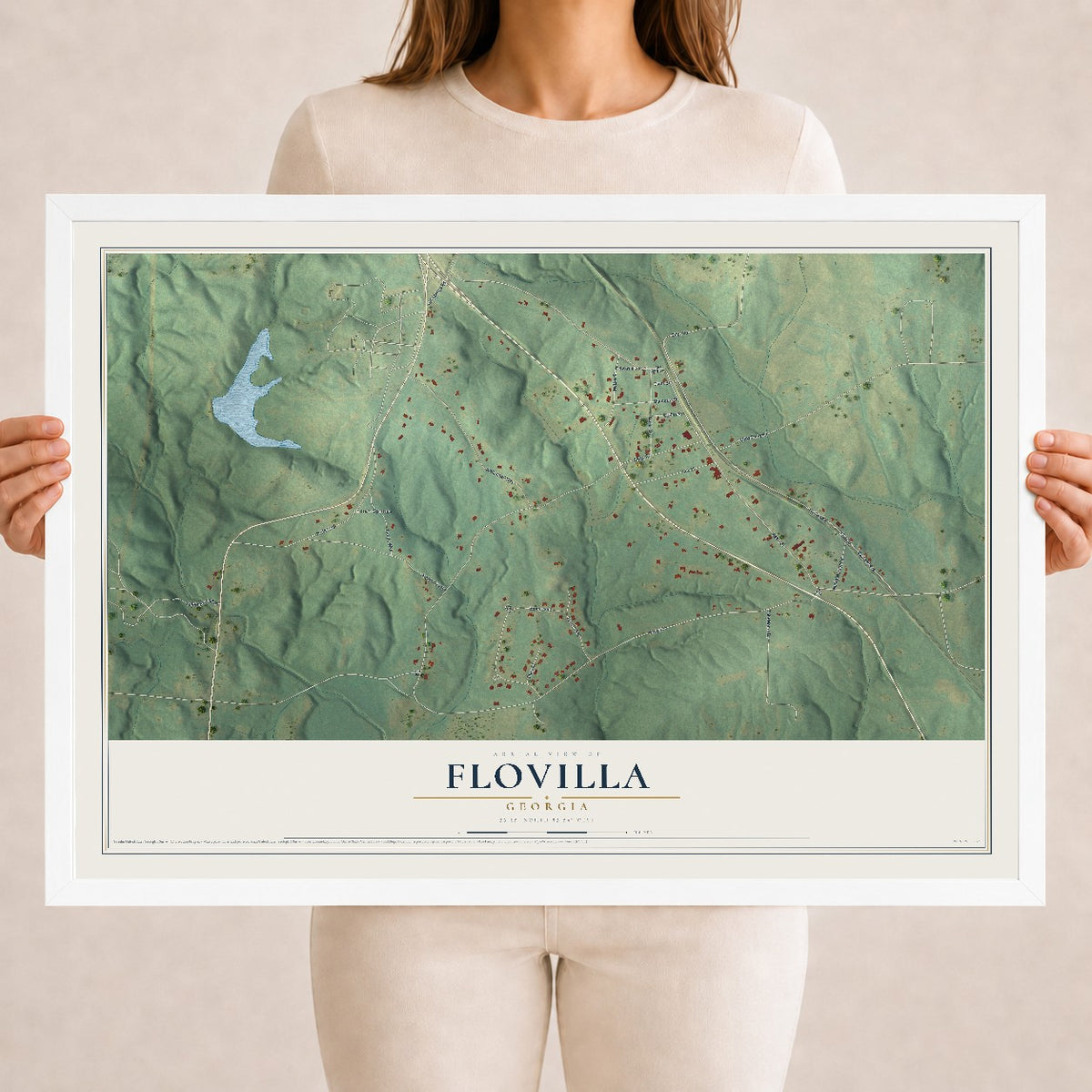 Flovilla, Georgia map print, 18" x 24" W/ White Ayous Wood Frame mockup