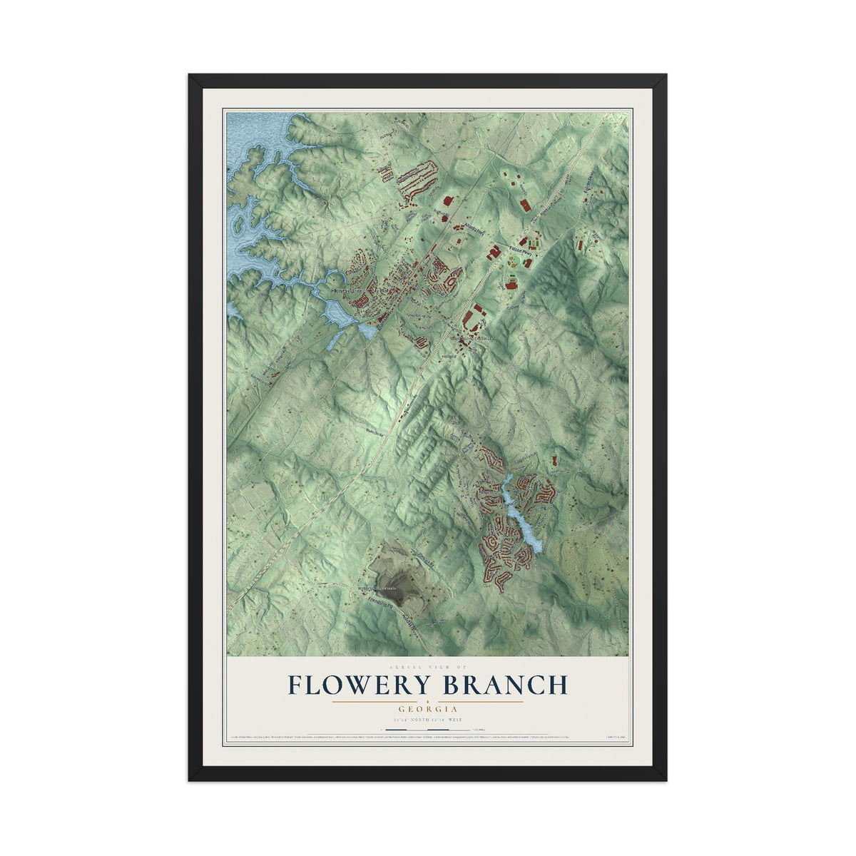 Flowery Branch, Georgia map print, 12" x 18" W/ Black Ayous Wood Frame mockup