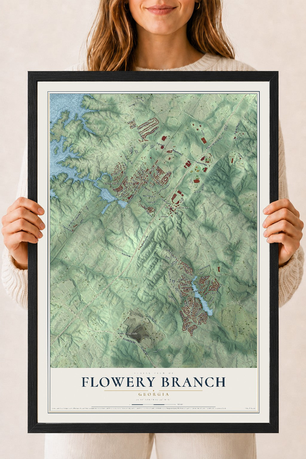 Flowery Branch, Georgia map print, 18" x 24" W/ Black Ayous Wood Frame mockup