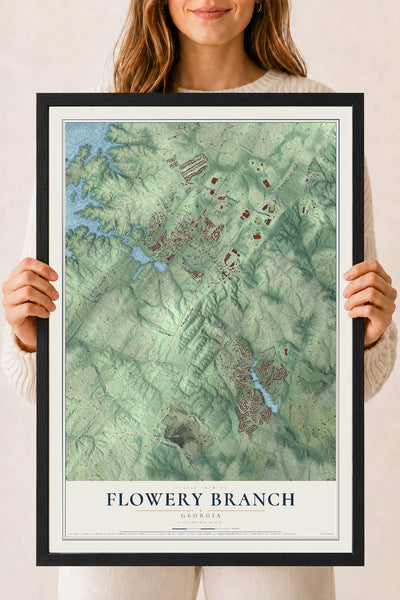 Flowery Branch, Georgia map print, 18" x 24" W/ Black Ayous Wood Frame mockup