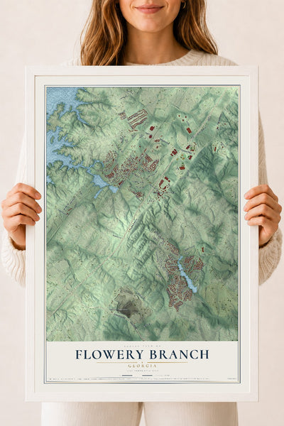 Flowery Branch, Georgia map print, 18" x 24" W/ White Ayous Wood Frame mockup