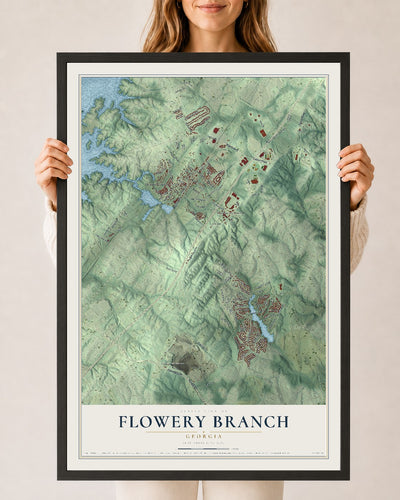 Flowery Branch, Georgia map print, 24" x 36" W/ Black Ayous Wood Frame mockup