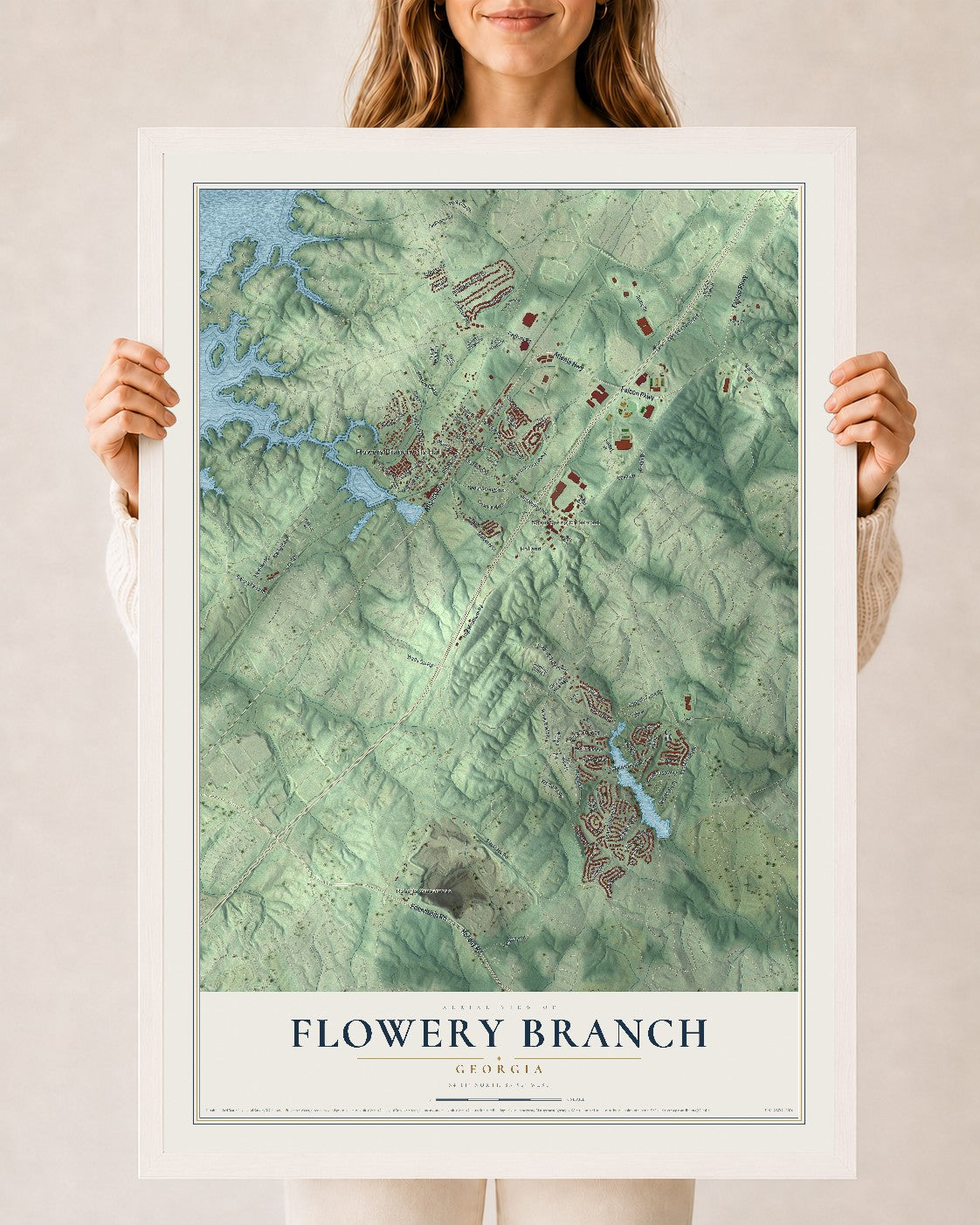 Flowery Branch, Georgia map print, 24" x 36" W/ White Ayous Wood Frame mockup