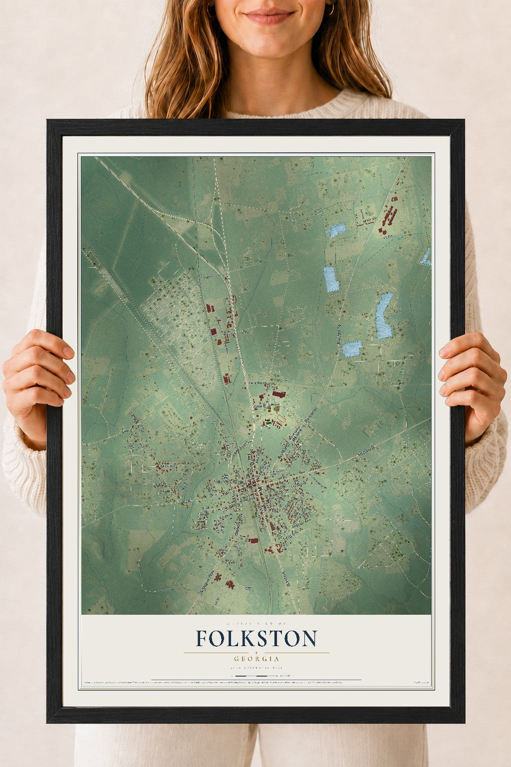 Folkston, Georgia map print, 18" x 24" W/ Black Ayous Wood Frame mockup