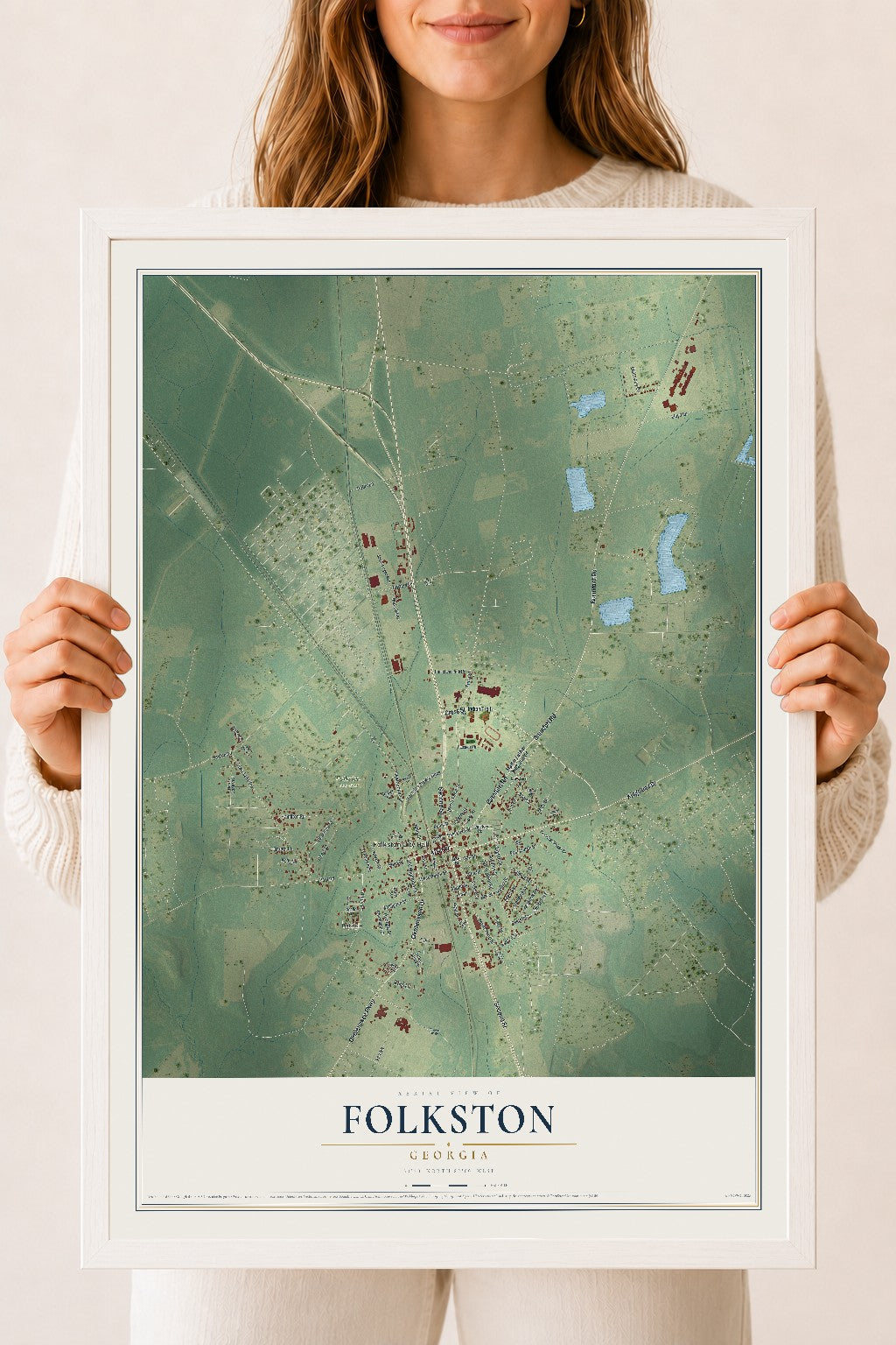 Folkston, Georgia map print, 18" x 24" W/ White Ayous Wood Frame mockup