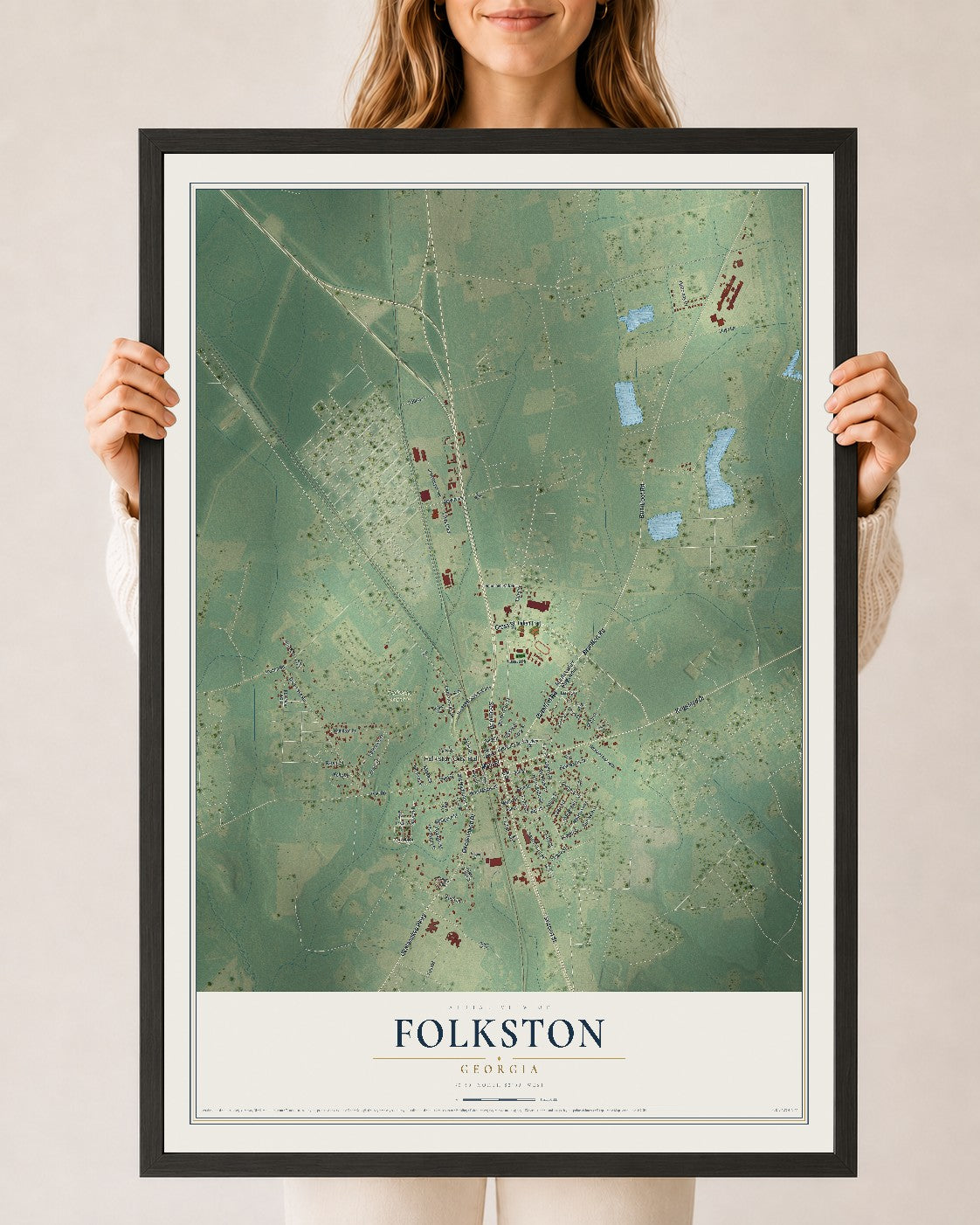 Folkston, Georgia map print, 24" x 36" W/ Black Ayous Wood Frame mockup