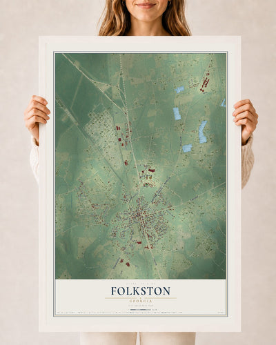 Folkston, Georgia map print, 24" x 36" W/ White Ayous Wood Frame mockup