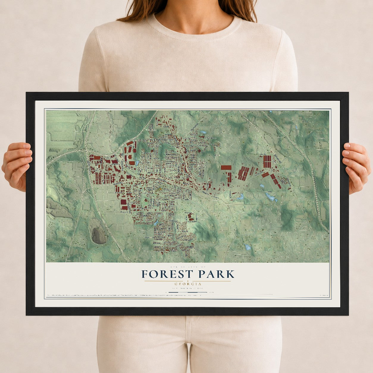 Forest Park, Georgia map print, 12" x 18" W/ Black Ayous Wood Frame mockup