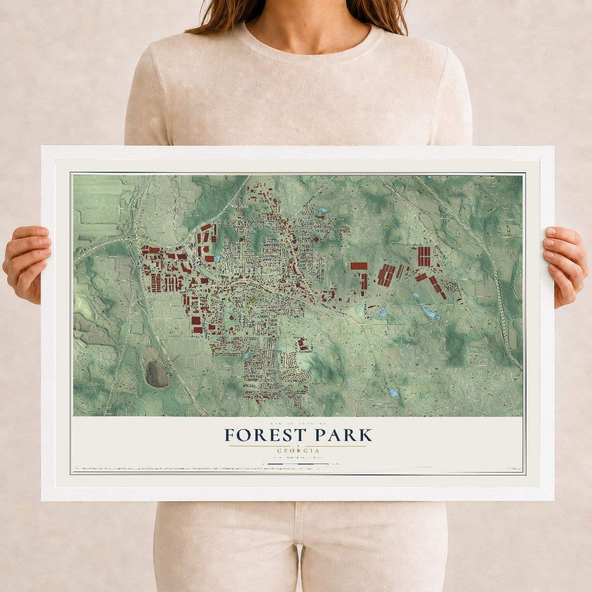 Forest Park, Georgia map print, 12" x 18" W/ White Ayous Wood Frame mockup
