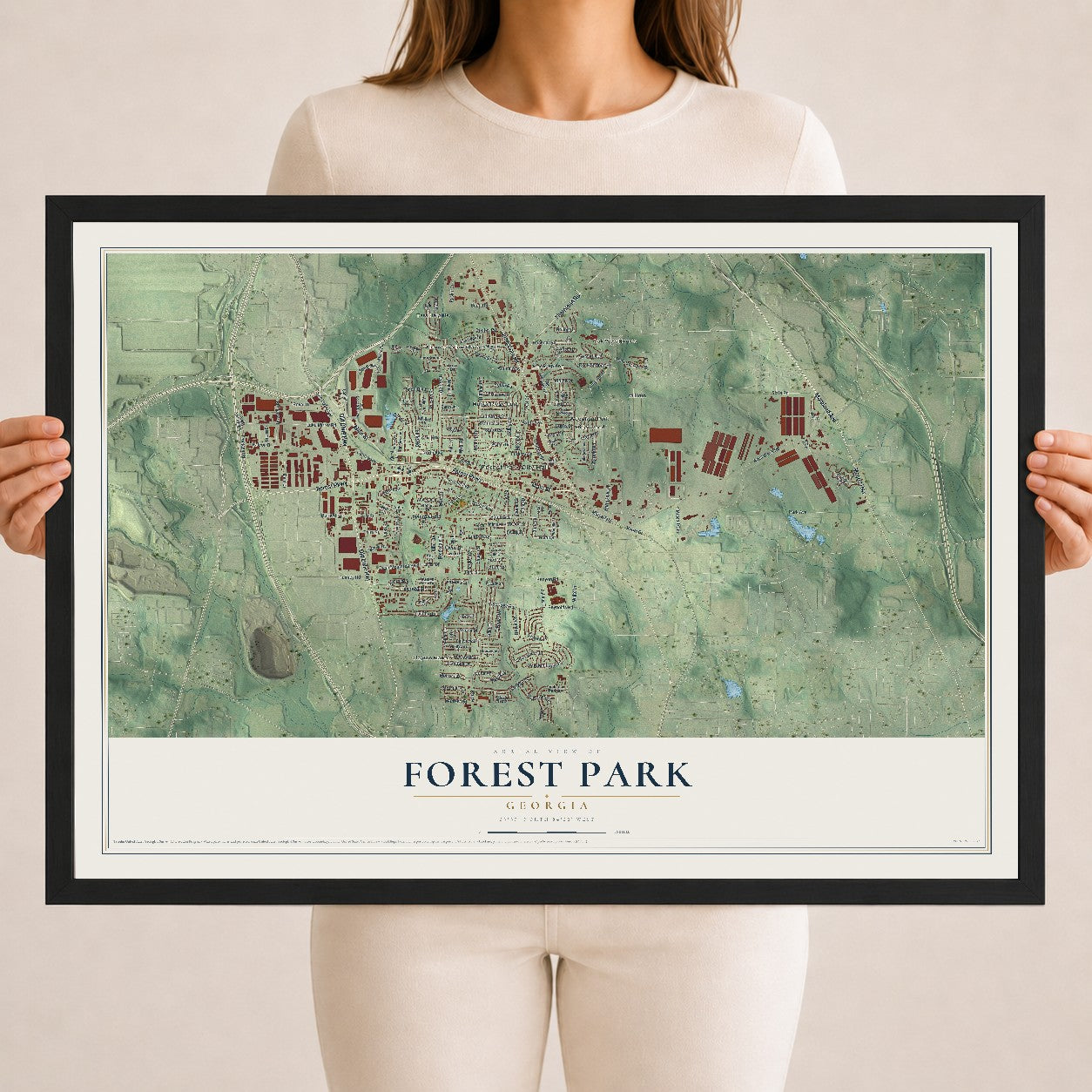 Forest Park, Georgia map print, 18" x 24" W/ Black Ayous Wood Frame mockup