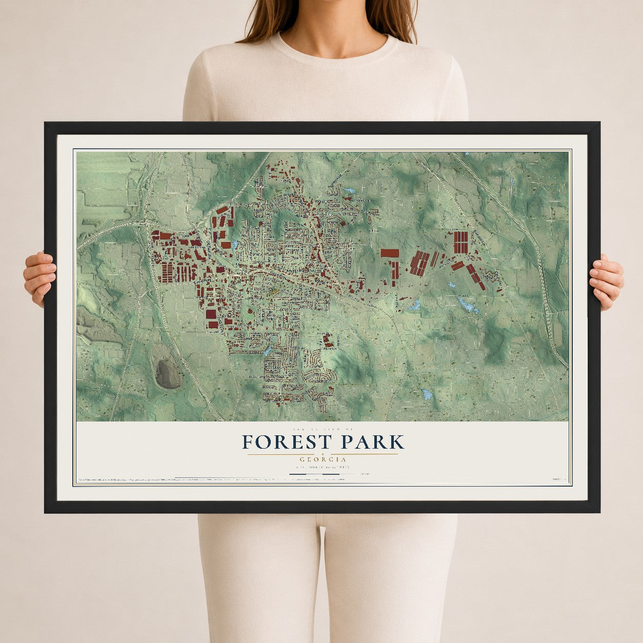 Forest Park, Georgia map print, 24" x 36" W/ Black Ayous Wood Frame mockup