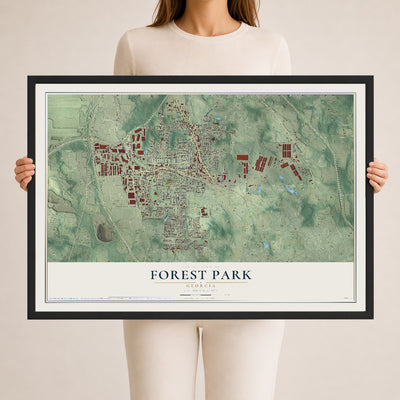 Forest Park, Georgia map print, 24" x 36" W/ Black Ayous Wood Frame mockup