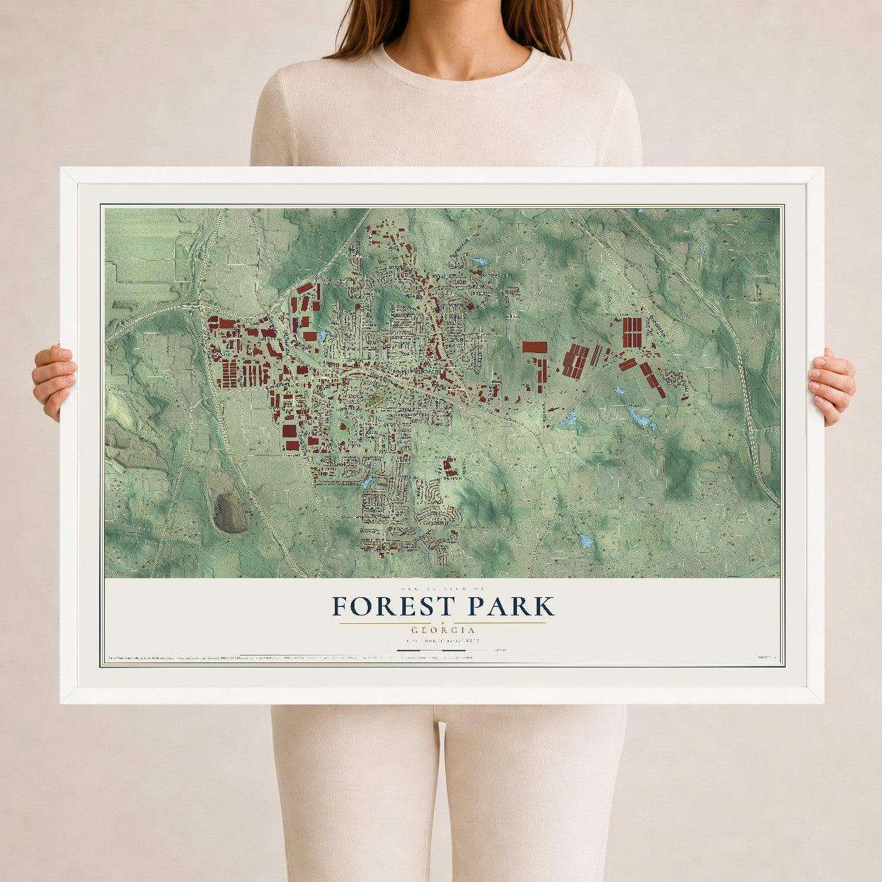 Forest Park, Georgia map print, 24" x 36" W/ White Ayous Wood Frame mockup