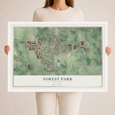Forest Park, Georgia map print, 24" x 36" W/ White Ayous Wood Frame mockup