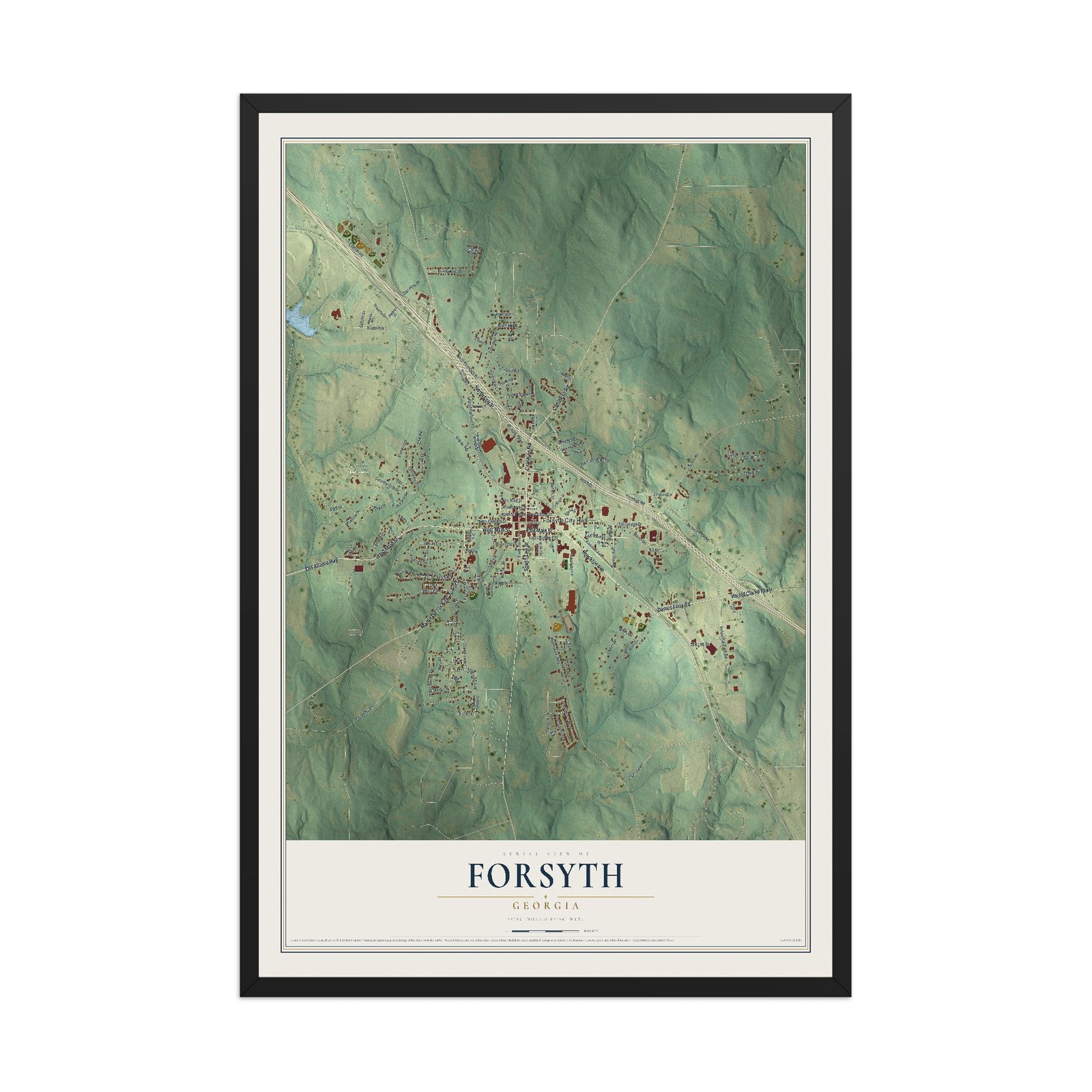 Forsyth, Georgia map print, 12" x 18" W/ Black Ayous Wood Frame mockup