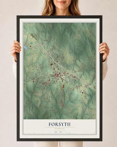 Forsyth, Georgia map print, 24" x 36" W/ Black Ayous Wood Frame mockup