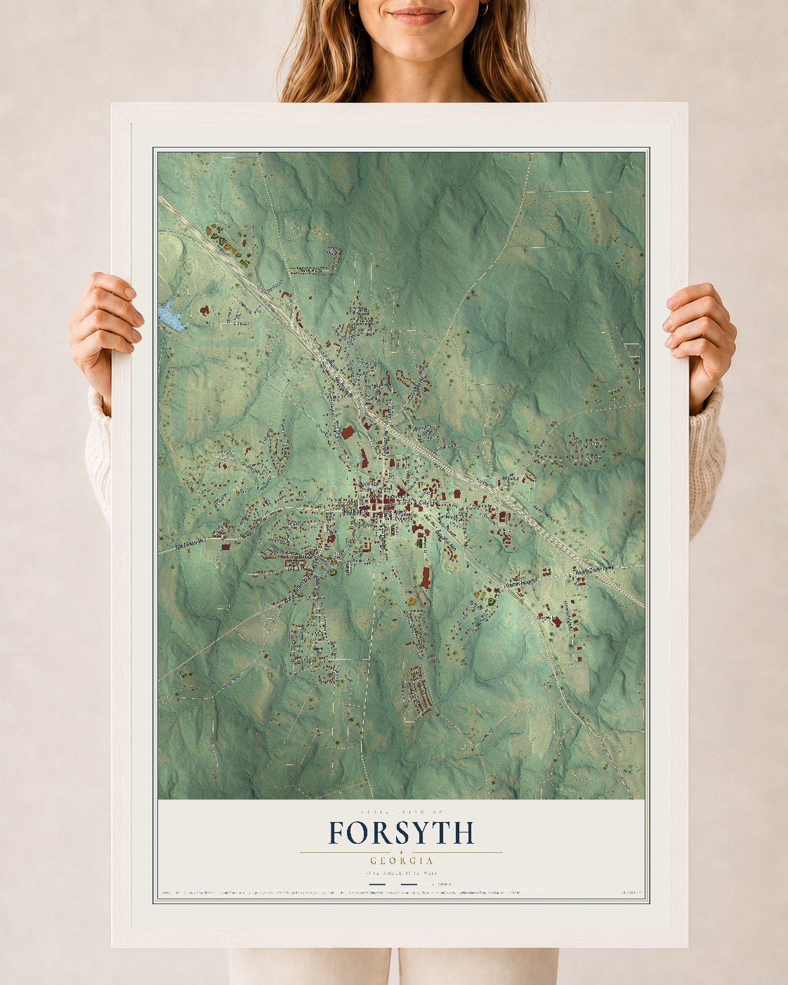Forsyth, Georgia map print, 24" x 36" W/ White Ayous Wood Frame mockup