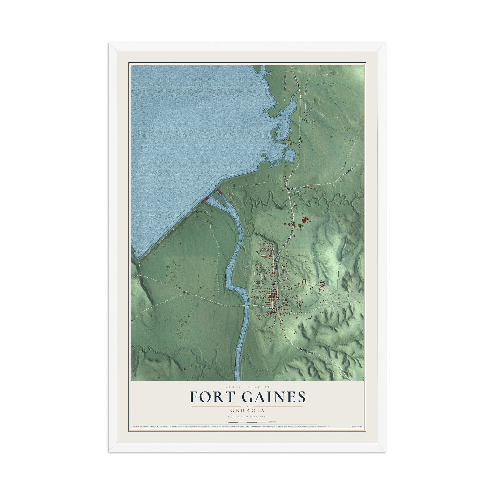 Fort Gaines, Georgia map print, 12" x 18" W/ White Ayous Wood Frame mockup