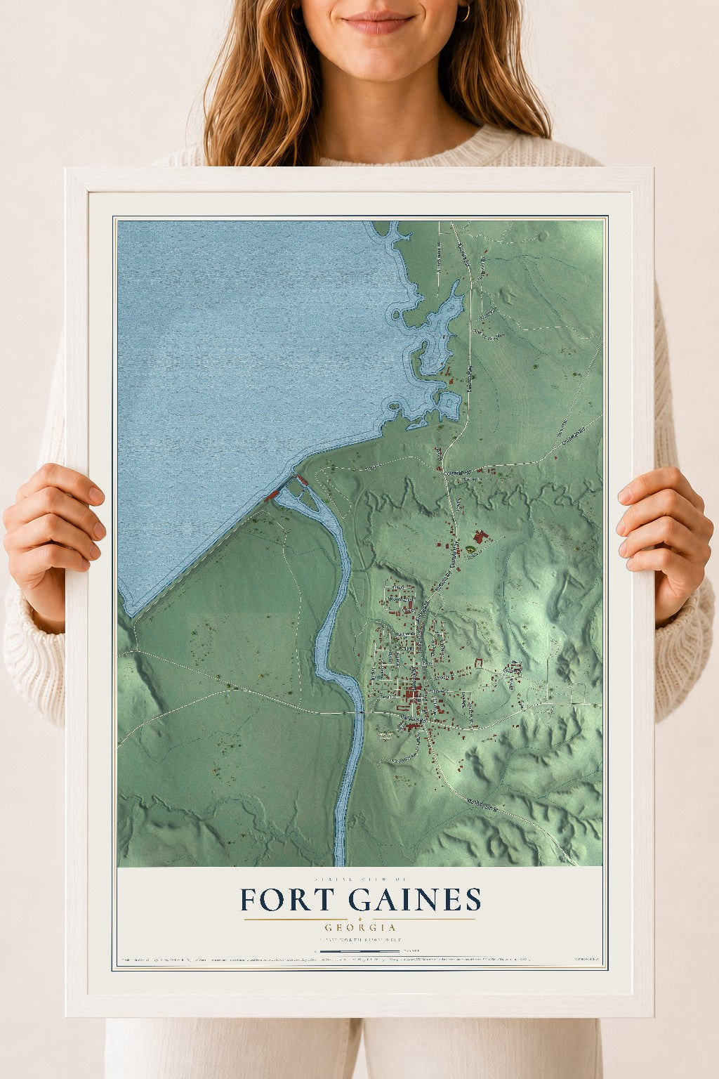 Fort Gaines, Georgia map print, 18" x 24" W/ White Ayous Wood Frame mockup