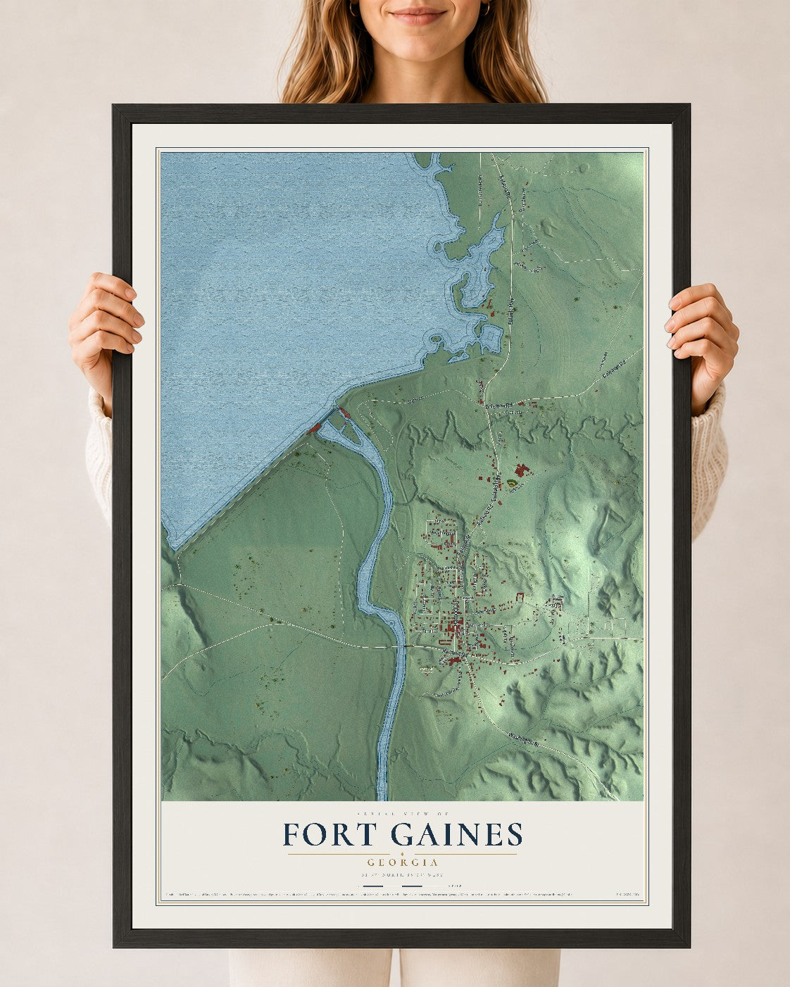Fort Gaines, Georgia map print, 24" x 36" W/ Black Ayous Wood Frame mockup