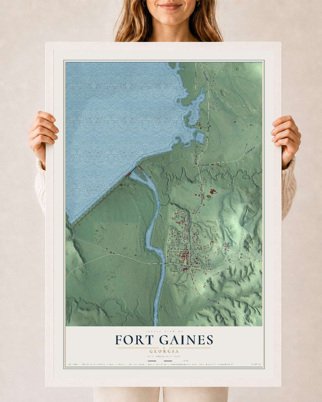 Fort Gaines, Georgia map print, 24" x 36" W/ White Ayous Wood Frame mockup