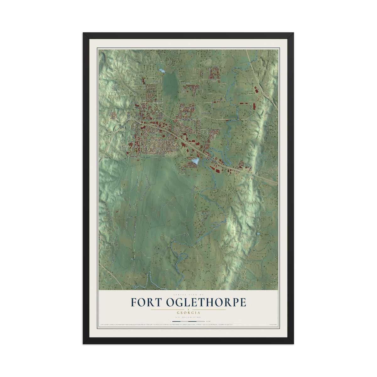 Fort Oglethorpe, Georgia map print, 12" x 18" W/ Black Ayous Wood Frame mockup