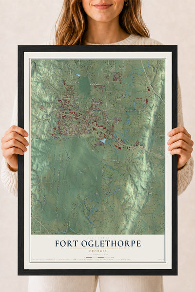 Fort Oglethorpe, Georgia map print, 18" x 24" W/ Black Ayous Wood Frame mockup