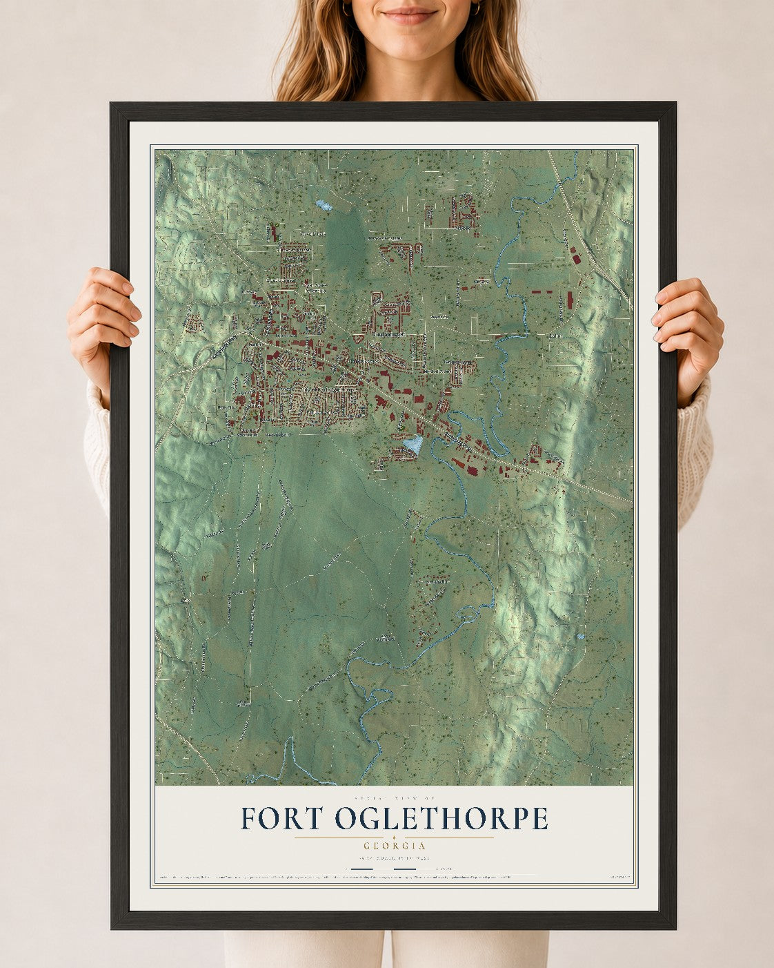 Fort Oglethorpe, Georgia map print, 24" x 36" W/ Black Ayous Wood Frame mockup