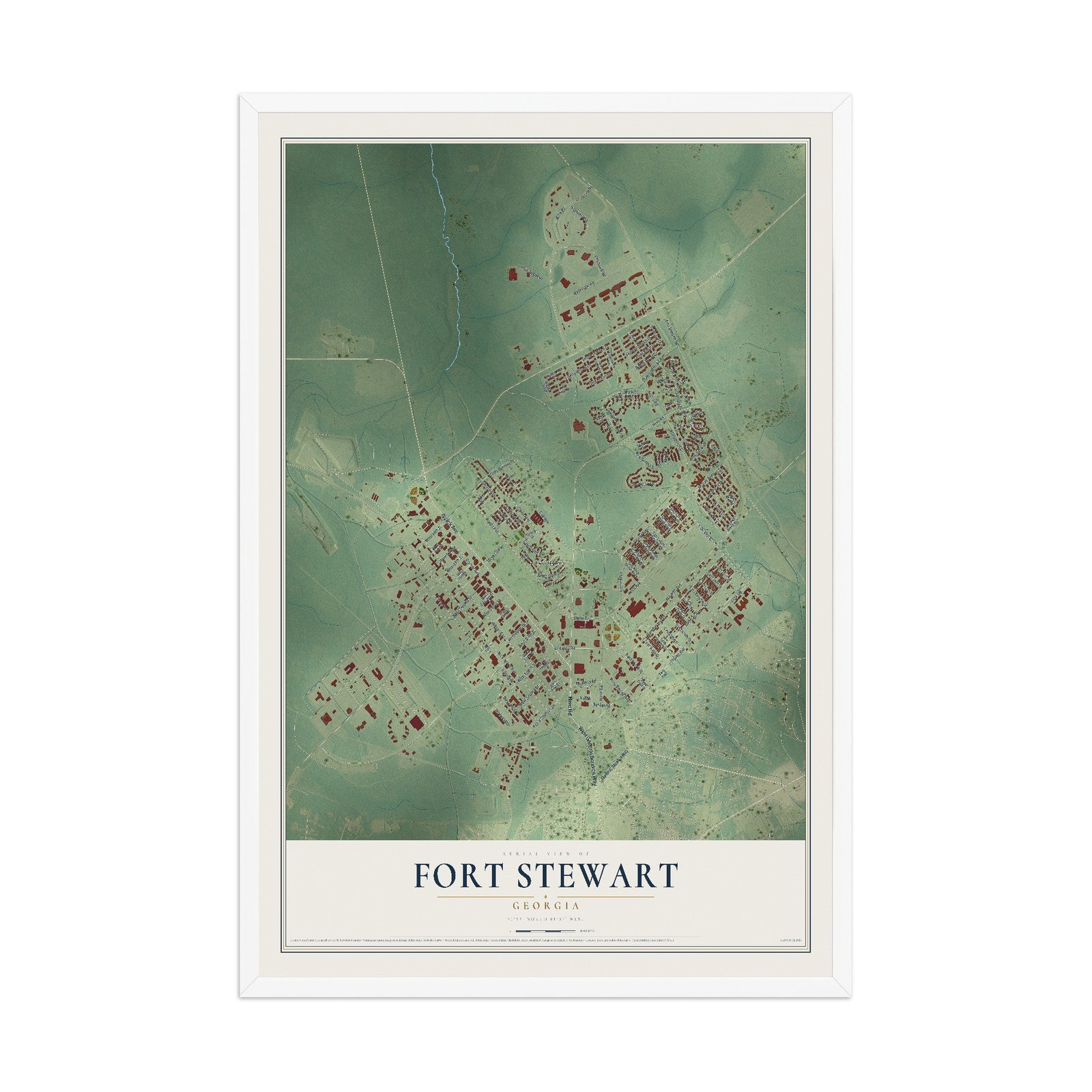 Fort Stewart, Georgia map print, 12" x 18" W/ White Ayous Wood Frame mockup