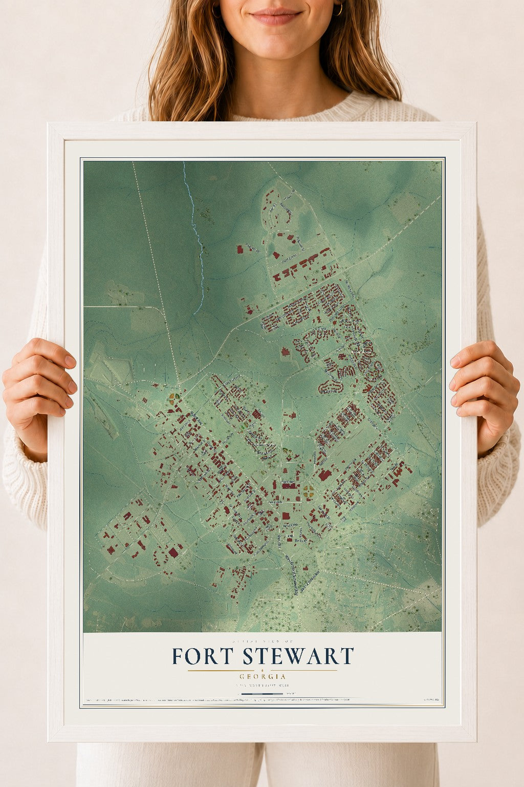 Fort Stewart, Georgia map print, 18" x 24" W/ White Ayous Wood Frame mockup