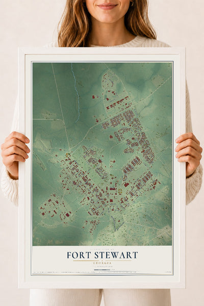 Fort Stewart, Georgia map print, 18" x 24" W/ White Ayous Wood Frame mockup
