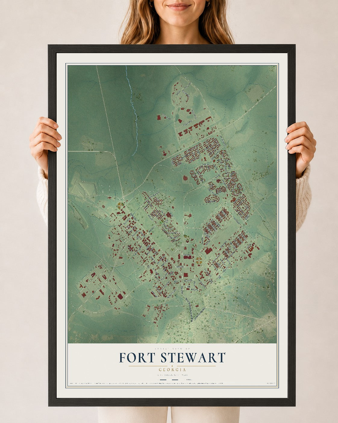 Fort Stewart, Georgia map print, 24" x 36" W/ Black Ayous Wood Frame mockup