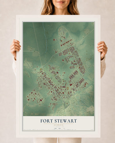 Fort Stewart, Georgia map print, 24" x 36" W/ White Ayous Wood Frame mockup