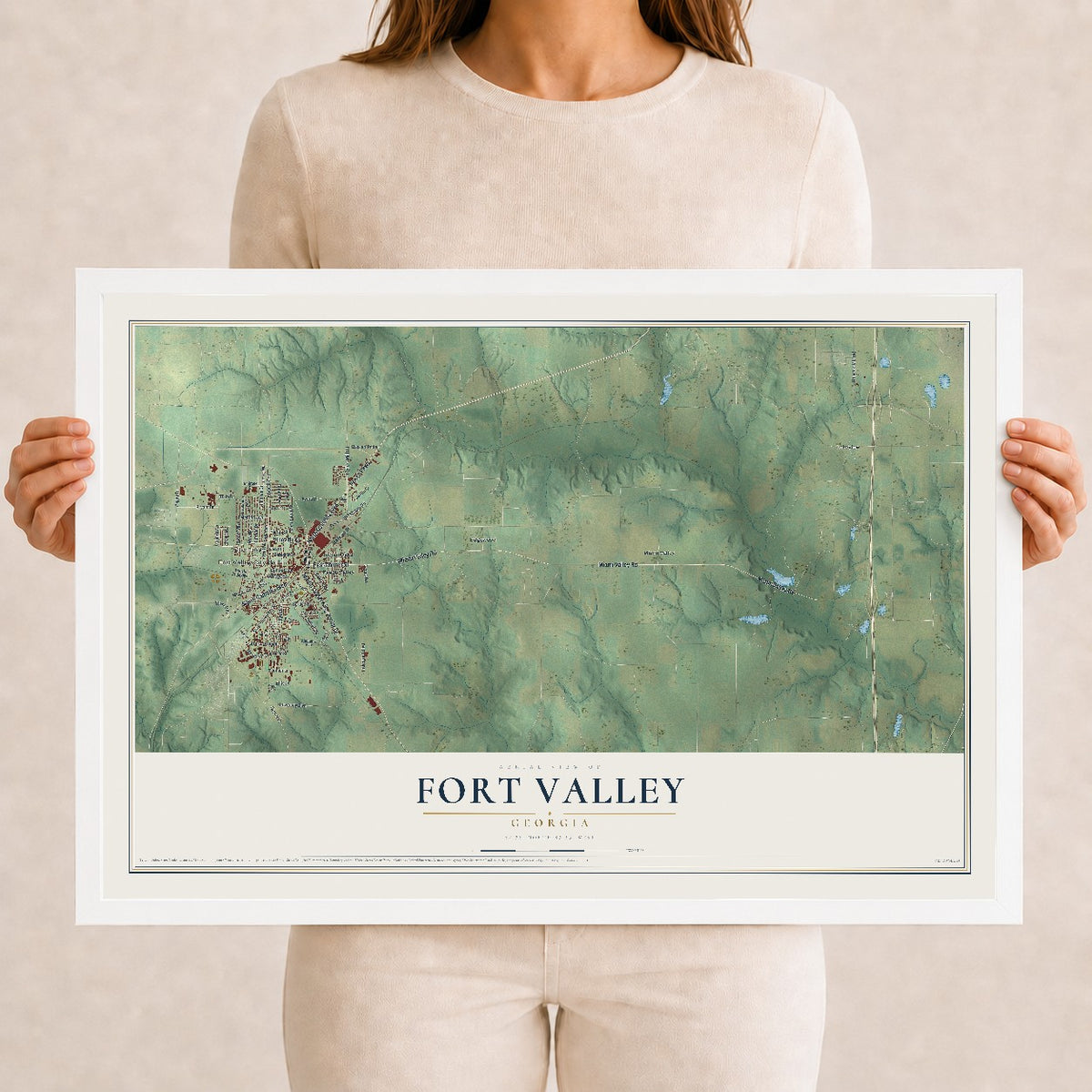 Fort Valley, Georgia map print, 12" x 18" W/ White Ayous Wood Frame mockup
