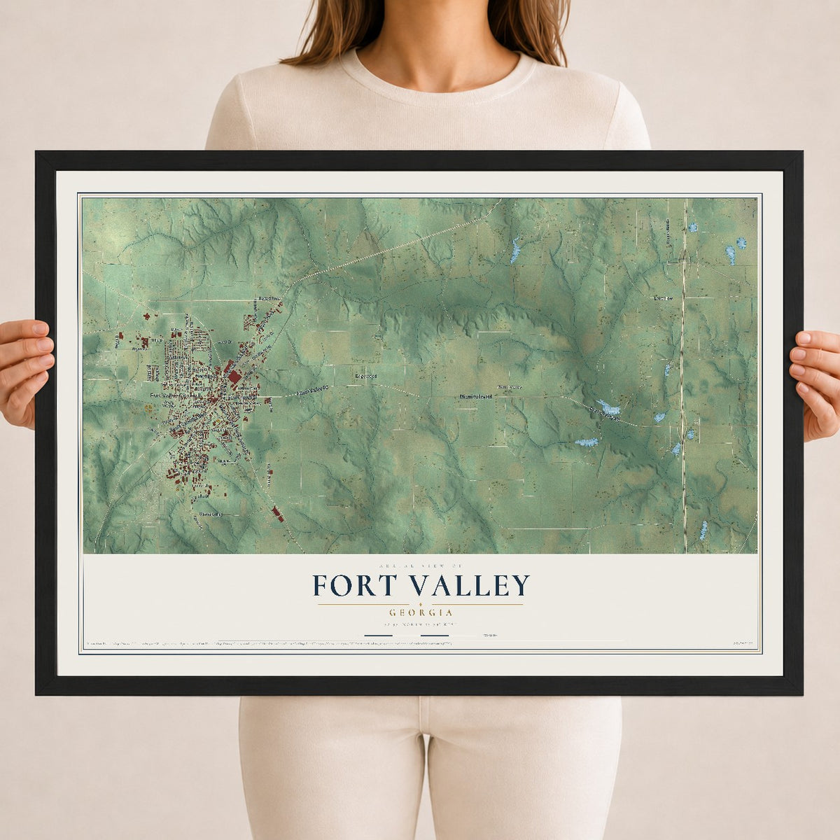 Fort Valley, Georgia map print, 18" x 24" W/ Black Ayous Wood Frame mockup
