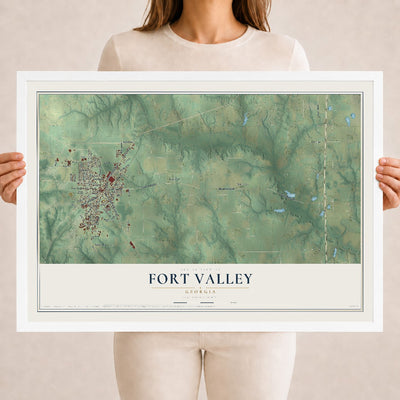 Fort Valley, Georgia map print, 18" x 24" W/ White Ayous Wood Frame mockup