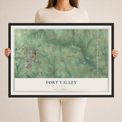 Fort Valley, Georgia map print, 24" x 36" W/ Black Ayous Wood Frame mockup