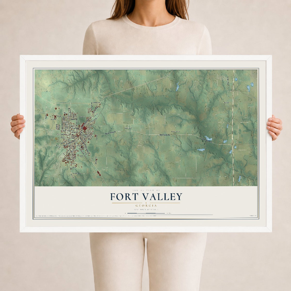 Fort Valley, Georgia map print, 24" x 36" W/ White Ayous Wood Frame mockup