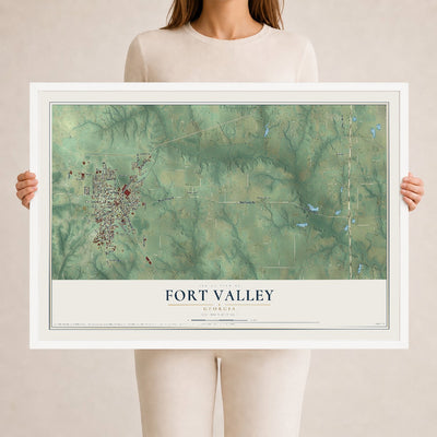 Fort Valley, Georgia map print, 24" x 36" W/ White Ayous Wood Frame mockup