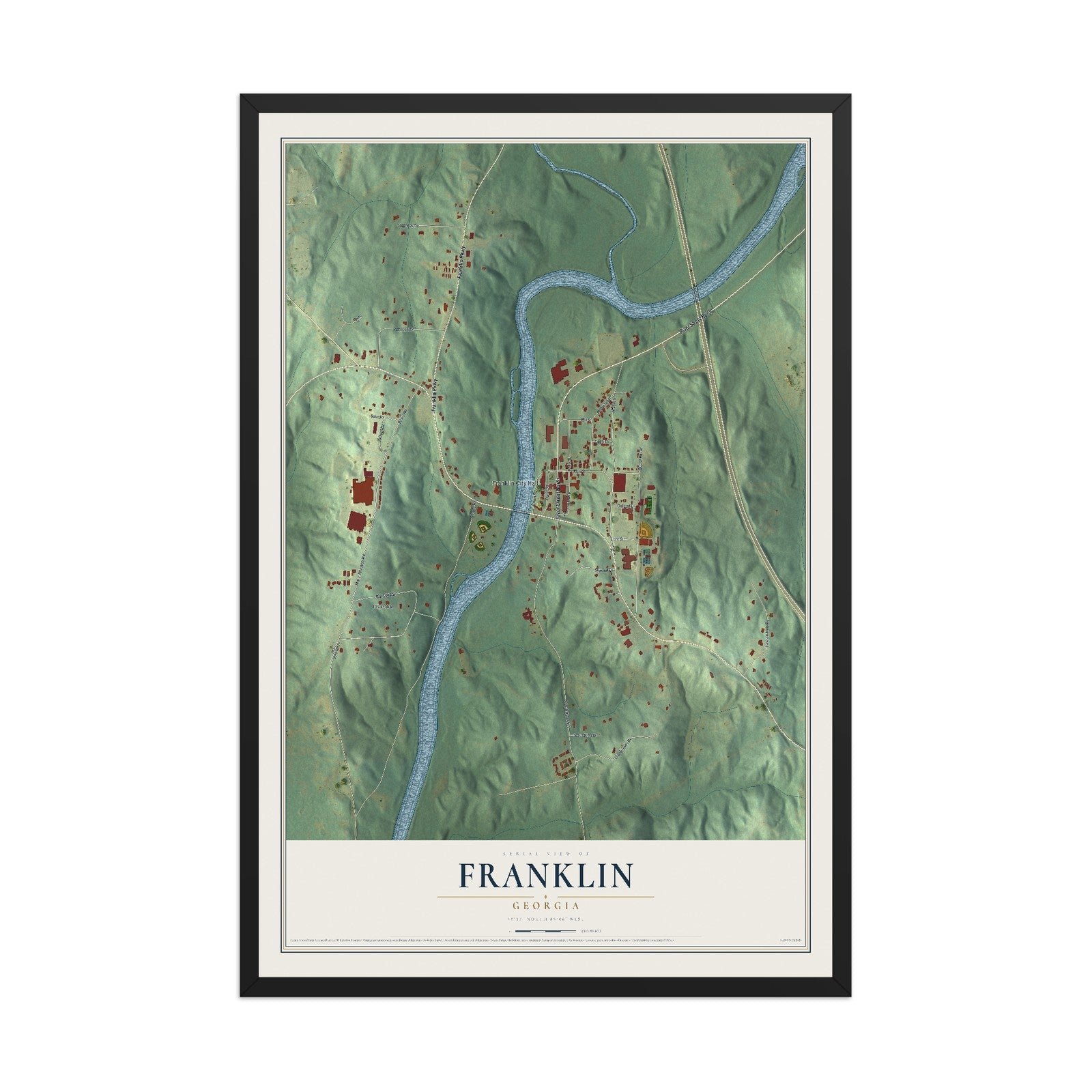 Franklin, Georgia map print, 12" x 18" W/ Black Ayous Wood Frame mockup
