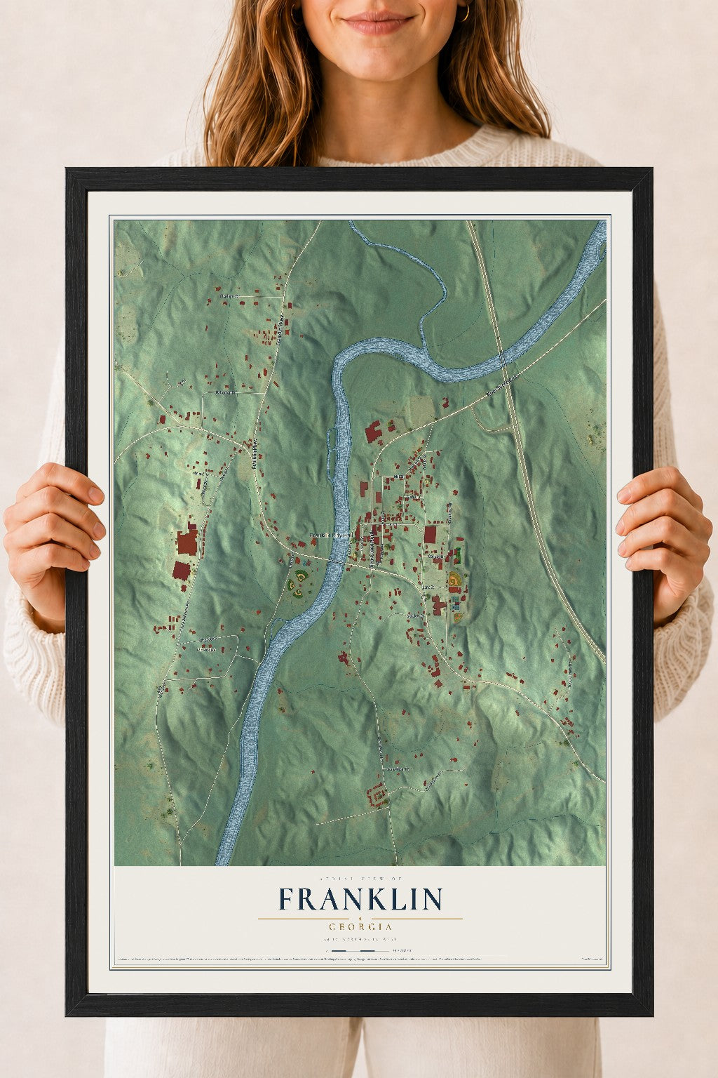 Franklin, Georgia map print, 18" x 24" W/ Black Ayous Wood Frame mockup