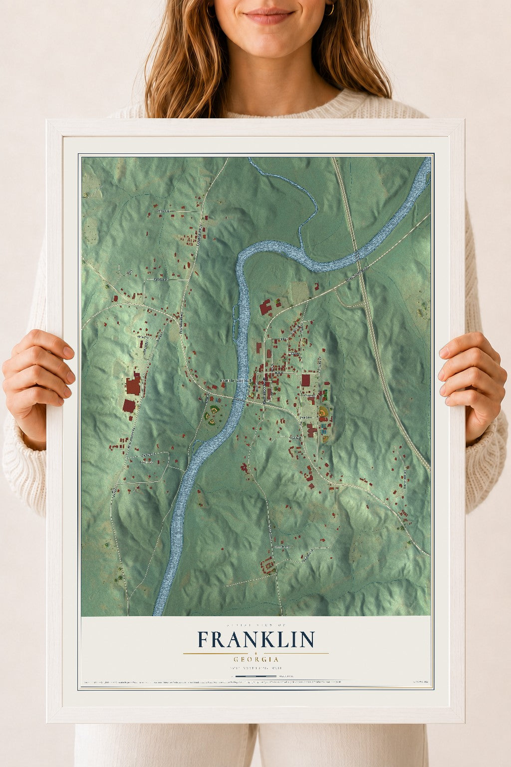 Franklin, Georgia map print, 18" x 24" W/ White Ayous Wood Frame mockup